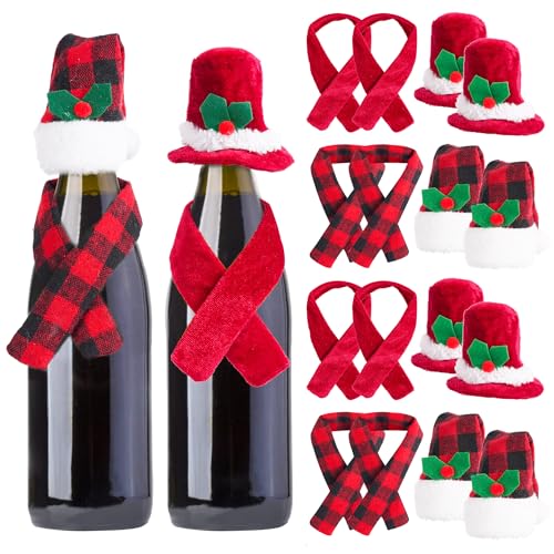 Umichen Christmas Wine Bottle Cover Set Christmas Buffalo Plaid Santa Hats and Scarfs Wine Bottle Decoration for Xmas Ornaments Party,12 Pieces