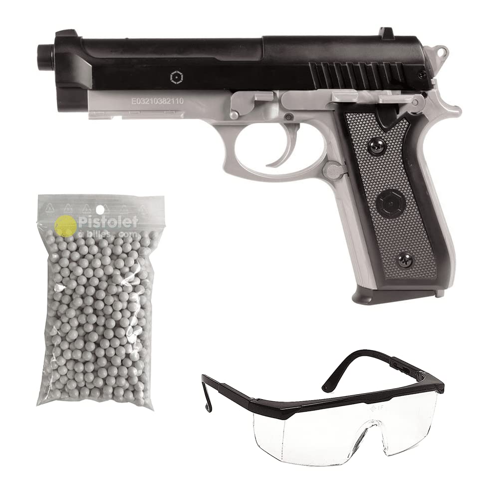 2EAGLE Pack Airsoft Pistolet modèle PT92 Bicolore à Ressort-ref: 210125/matière: Plastique Haute résistance et Culasse métal/Puissance 0.5 Joule/livré avec Accessoires, 220 mm