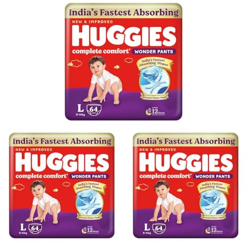Image of Huggies Complete Comfort Wonder Pants | Pant Style Baby Diapers L Size, 64 Count | India's Fastest Absorbing Diaper, Patented Dry Xpert Channel, Ideal for 9 to 14 Kgs (Pack of 3)