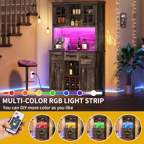 DWVO Coffee Bar Cabinet with Power Outlet/Lights, 72" Farmhouse Pantry Cabinet with Storage Shelves and 3 Drawers, Tall Liquor Cabinet Bar Cabinets for Home/Living Room, Dark Rustic Oak