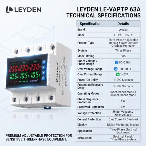 Image of LEYDEN LE-VAPTP 63A Three Phase Voltage & Overload Protector | Adjustable Under /Over Voltage & Over Current Protection | 1-999 Sec Power-On & Recovery Delay | Phase Sequence | Password Protection