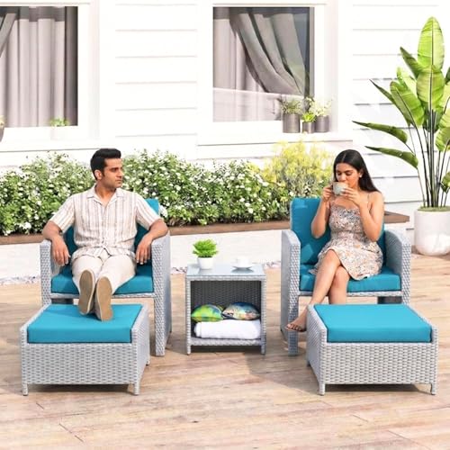 Image of DEVOKO Valencia 5 Piece All Weather Rattan Wicker Patio Sofa Set with Water Resistant Cushioned Chairs with Glass Top Table & Ottomans for Garden, Pool, Porch, Backyard (Silver Grey & Sky-Blue)