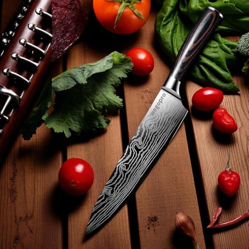 Image of Professional Damascus Steel Chef Knife, 8-inch Blade, Black Handle