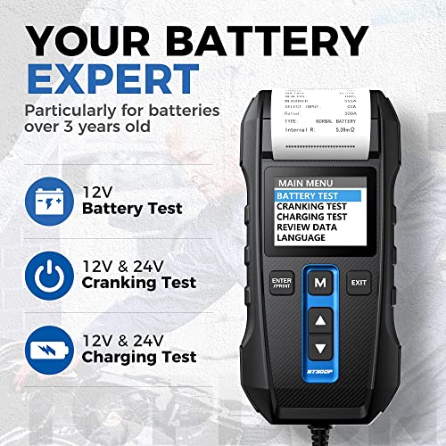 Car Battery Tester 12V 24V 100-2000CCA Lead-Acid Battery, TOPDON BT300P Alternator Tester, Load Tester, with Built-in Printer, Spark Free Metal Clamps, 10 Rolls Cash Register Thermal Paper