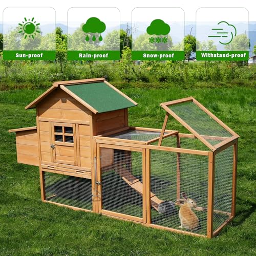 ECOLINEAR 80" Large Chicken Coop, Waterproof Outdoor Hen House for 2-4 Chickens, Wooden Chicken House with Nesting Box, Removable Tray, PVC Cover, Run, for Garden Backyard Cage
