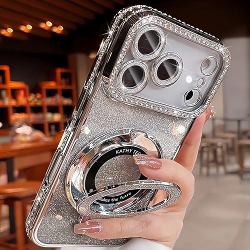 Luxury Bling Diamond Case for iPhone 17 Pro Max 6.9" - Clear Transparent Back with Glitter Card & Sparkling Rhinestones, Magnetic Kickstand, Shockproof Protection - Dazzling Cover for Women, Silver by PIKULOA - Used condition - Image 3