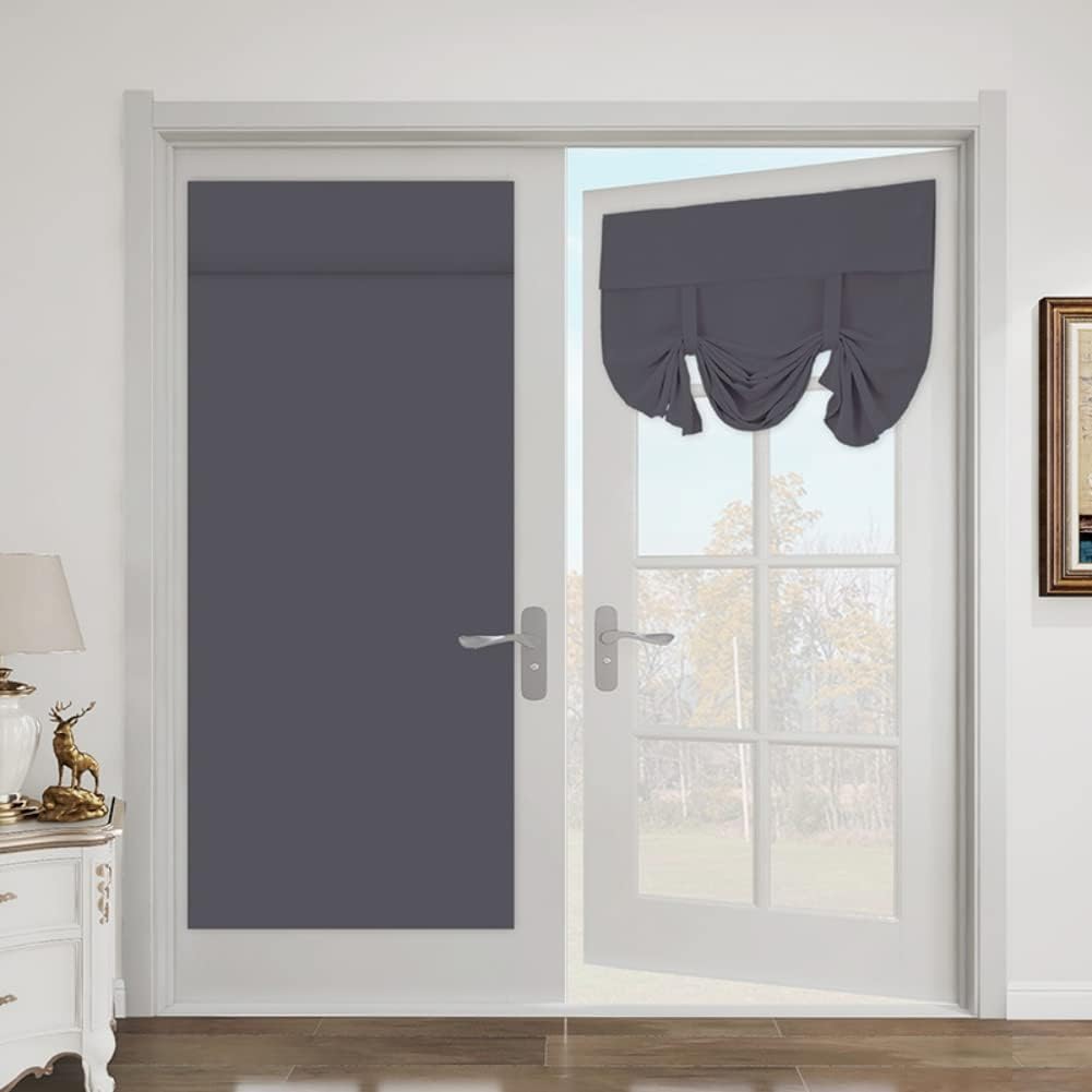 JstDoit French Door Curtains Thermal Tie Up Curtains Privacy Blackout Roman Blinds Stick On Door Curtain Tape for Windows Bathroom Kitchen Coffee Patio Door (26 * 68 inch, Deep grey)