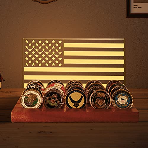 Ammonite Light up Challenge Coin Display, American Flag Coin Holder with Warm White Color Ligh Solid Wood 4 Row Holder Wooden Rack Gift Challenge Coins Stand for Military Army for Him Father