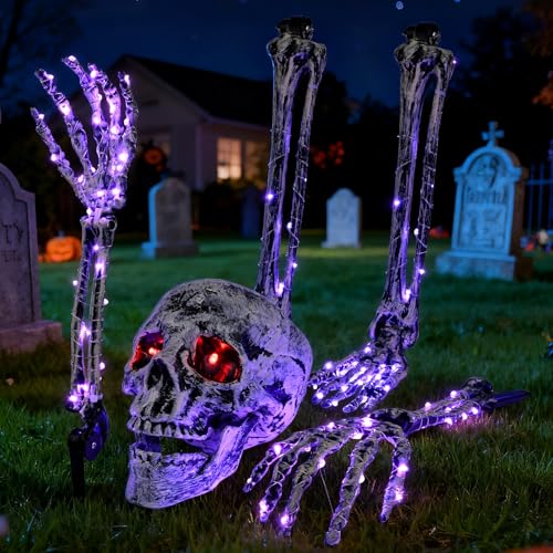 LustLocke Halloween Solar Leuchtende Skelett Totenkopf Set, 1 Totenkopf, 2 Schädel Hände & 2 Skelettbeine mit 134 LEDs, 8 Lichtmodi, IP65 Wasserdicht für Halloween Deko Garten, Rasen & Party