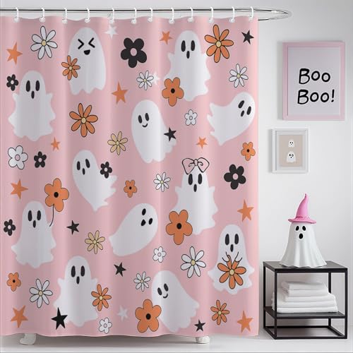 Mocsicka Pink Halloween Shower Curtain Aesthetic Cute Ghost Shower Curtain Halloween Bathroom Decor Modern Gothic Spooky Preppy Bath Curtain (Pink 71x71 inch)