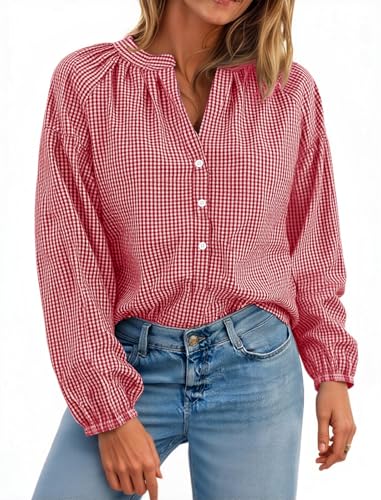 Cicy Bell Womens Puff Long Sleeve Blouse Gingham Pleated V Neck Button Down Shirts Loose Fit Dressy Casual Fall Tops Red