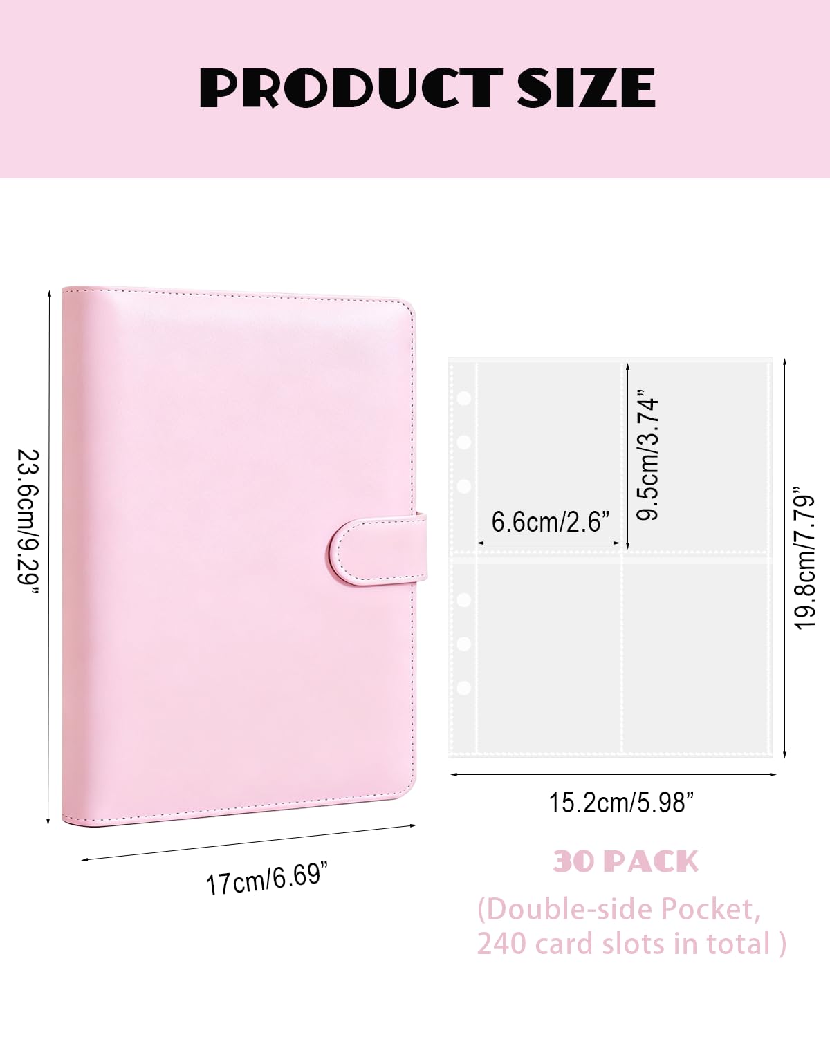Carpeta de tarjetas fotográficas A5 con 30 fundas interiores (4 bolsillos y doble cara), carpeta de 6 anillos y 4 bolsillos, libro de recogida de tarjetas de piel sintética con cierre de hebilla