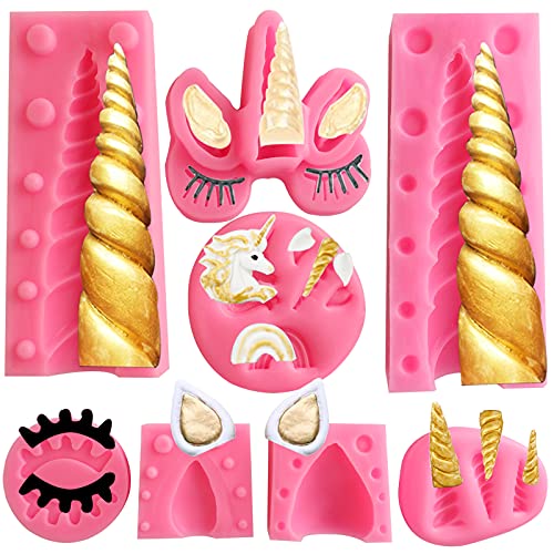 Unicorn Mold Silicone,8 Pack,Unicorn Silicone Mold Unicorn 3D Top Mold, Chocolate Mold, Unicorn Horn Fondant Cake Mold,Unicorn Ears,Eyelashes,Rainbow,Unicorn Cake Decoration