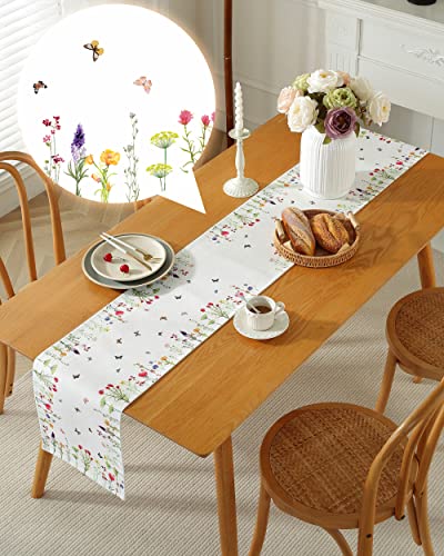 Summer Table Runner 72 Inches Long Summer Decor With Watercolor Wild Flower Spring Seasonal Holiday Dining Table Decoration For Kitchen, Party, Wedding, Restaurant & Camping, Botanical Fresh Looking #TOP1