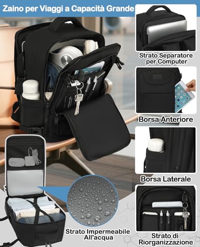 LYNXCHER Zaino Ryanair 40x20x25-Zaino da Viaggio-Bagaglio a Mano Aereo Piccolo Borsa da Cabina 20L per Uomo e Donna da Viaggio Lavoro Trekking Scuola,14 Pollici Zaino Porta PC Nero - Immagine 3