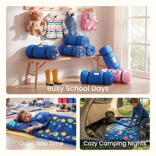 Image of JOIEDOMI Toddler Nap Mat with Removable Pillow and Minky Blanket 55''x30'' Kids Sleeping Bag for Boys and Girls Ages 3-6 Roll Up Soft Nap Mats for Preschool Kindergarten Daycare Sleepover