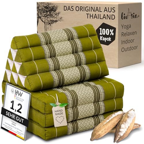livasia Thaikissen mit 3 Auflagen - 175x50x8cm - Dreieckskissen mit Klappmatratze, Keilkissen Kapok, Rückenkissen faltbar, Thaimatte zum Klappen,...