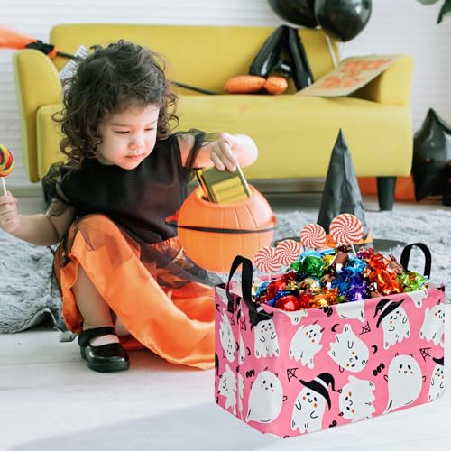 Image of Halloween Pink Ghost Storage Basket Gift Shelf Basket Storage Bin, Toys Nursery Basket Organizer Box for With Handles for Room Deco