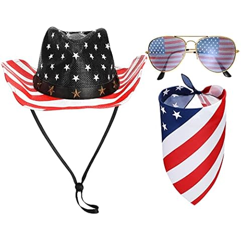 Jeere 3 Pcs American Flag Cowboy Hat with Bandana and Glasses Vintage Outdoor USA Hats with Strap Western Party Memorial Day(USA Flag) Cover