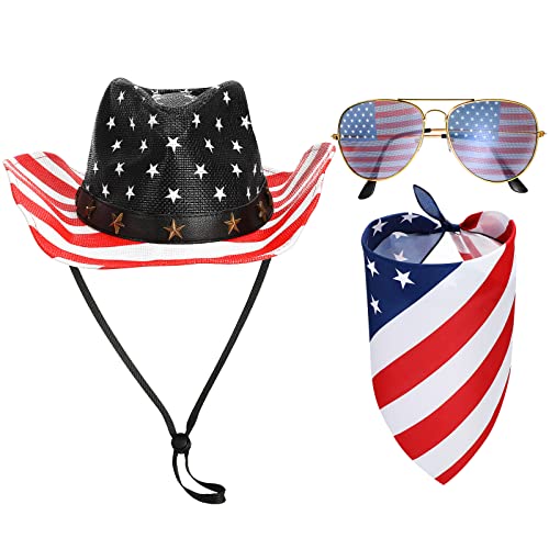 Adult Cowboy Hat With Cowboy Bandana And Glasses Western Cowboy Cowgirl Costume Accessories Set For Halloween Party (Usa Flag) #TOP13