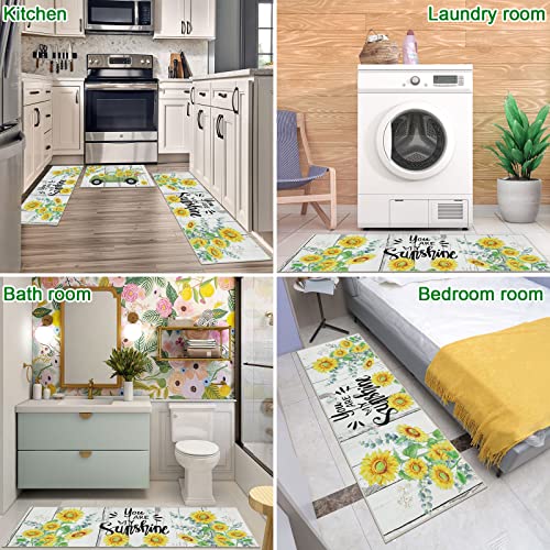 Ileading Kitchen Rugs Sets 3 Piece, Farmhouse Sunflower Non Slip Kitchen Floor Mats Machine Washable Standing Mat, Summer Sunshine Floral Decor Carpet Runner For Dining Room Sink Hallway(Wood) #TOP7