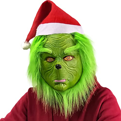 MULEVIP Máscara de Natal para adultos, Grinch Mask disfarce de pai Natal verde com chapéu vermelho, acessórios de disfarces de Natal, adequado para personagens natalícias e máscaras de festa