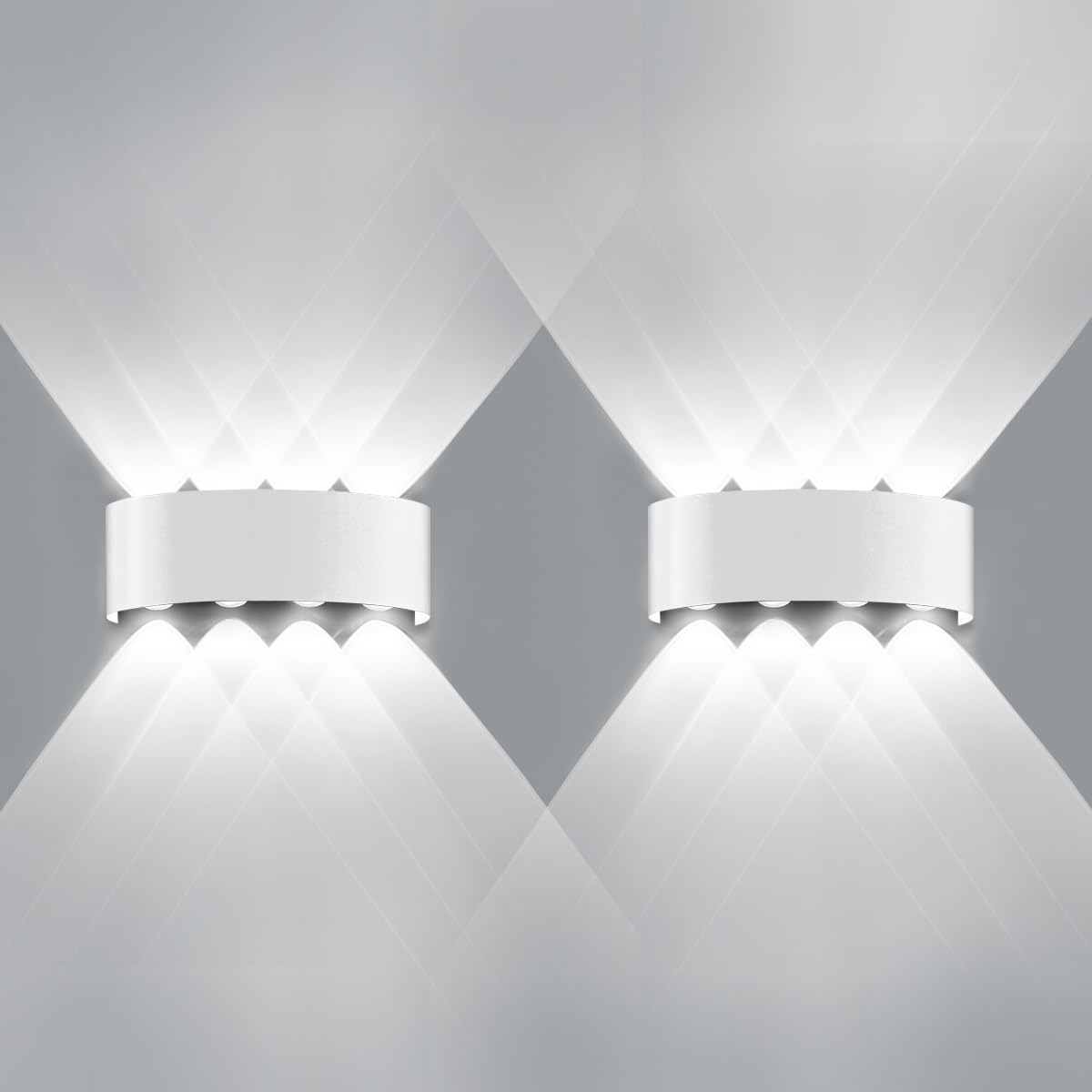 Lámpara de Pared LED 2 Piezas, 8W Interior/Exterior Aplique LED, Blanco, 6000K Blanco Frío, IP65 Impermeable, 22x8x4.5 cm, para Baño Dormitorio Pasillo Escaleras
