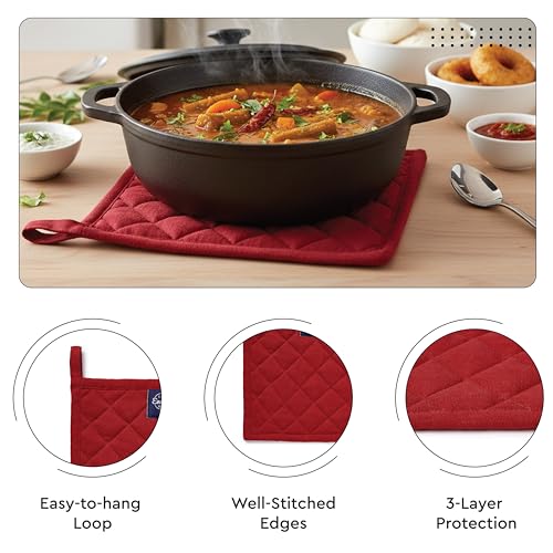 Image of Encasa XO Heat Resistant 100% Cotton Oven Glove & Potholder Set with Loop, Kitchen Cooking Mittens, Microwave Safe Hot Pads (Red)
