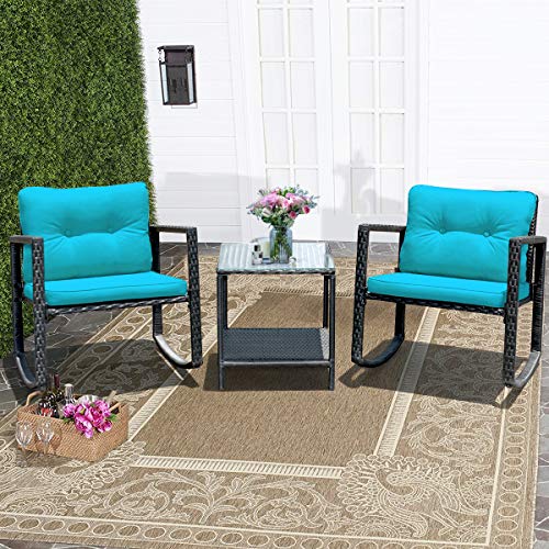 image for Tangkula 3 PCS Wicker Rocking Bistro Set, Outdoor Rocking Chair Furnit