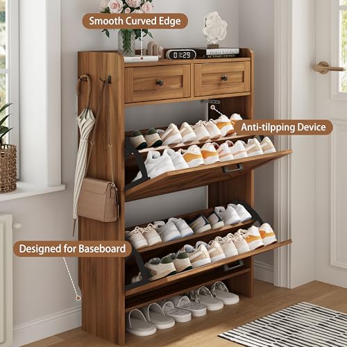 Image of Shoe Cabinet with 2 Flip Drawers & 2 Top Drawers, 43 inch Tall Freestanding Narrow Wooden Shoe Storage Organizer for Entryway, Hidden Slim Shoe Rack for Front Door Entrance, Hallway, Living Room, Walnut