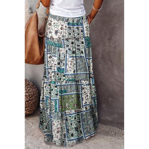 Flowy Tiered Maxi Skirts for Women 2025 Trendy Summer Vacation Boho Floral Skirt Elastic Drawstring A Line Skirt2
