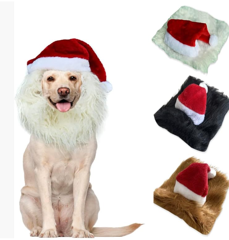 Dog Christmas Hat Festive Pet Santa Hat Classic Christmas Costume Lion Mane for Cat Dogs Soft Comfortable Adjustable Fit Holiday Accessory for Family Photos, Parties & Outdoor Strolls (White, L)