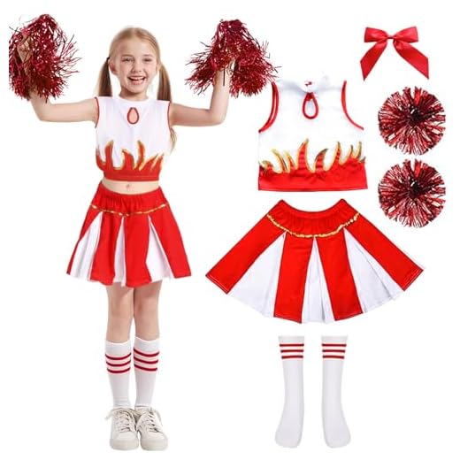 Disfraz Carnaval de Animadora para Niñas: Disfraz Cheerleader Niña con Pompones Calcetines y Lazo - Uniforme Cheerleader para Carnaval Cosplay Competición Deportiva y Fiestas (Rojo, 120(5-6 Años))
