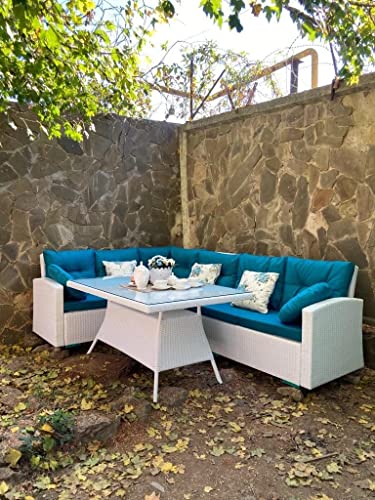 Image of DEVOKO 3 Piece Outdoor Patio HDPE Wicker Sectional Dining Sofa Rattan Conversation Furniture Set with Table (White and Sky-Blue)