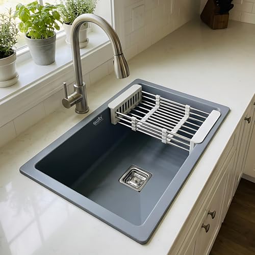 Image of Gloxy Granite Quartz Kitchen Sink 21x18x9 Inch - Premium Black Matte FInish Quartz Single Bowl Sink For Kitchen With Coupling Hose Pipe and Drainer Basket - Undermount /Topmount - 3 Years Warranty