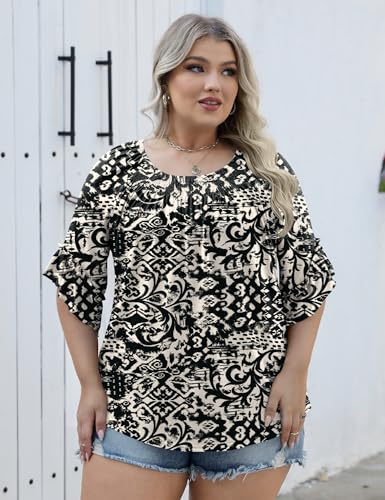 Image of Micoson Womens Plus Size Tops 3 /4 Ruffle Sleeve Crewneck Pleated Shirts