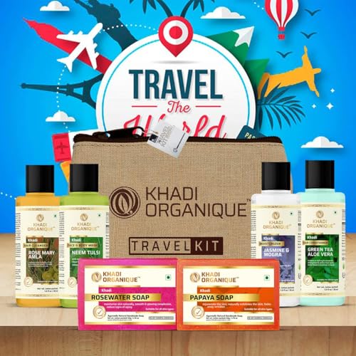 Image of Khadi Organique Personal Care Travel Kit - Complete Set with Herbal Shampoo, Conditioner, Body Wash, Soap & Moisturiser | Compact Travel Essentials | For Men & Women | All Skin & Hair Types