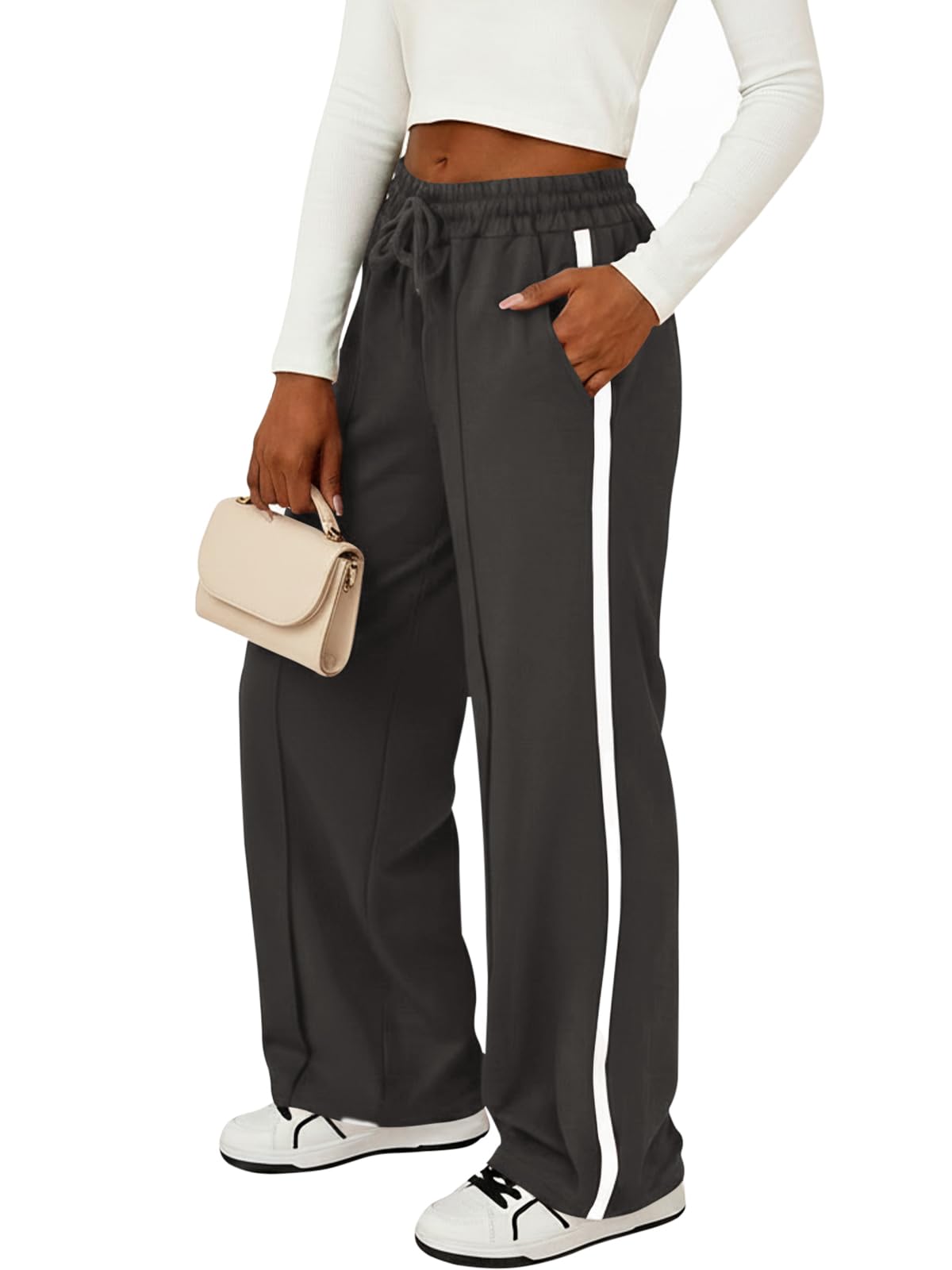 Fisoew Damen Jogginghose Gestreifte Baggy Hosen mit Elasticher Taille und Seitentaschen Kordelzug Sporthose Kontrastfarben Freizeithose