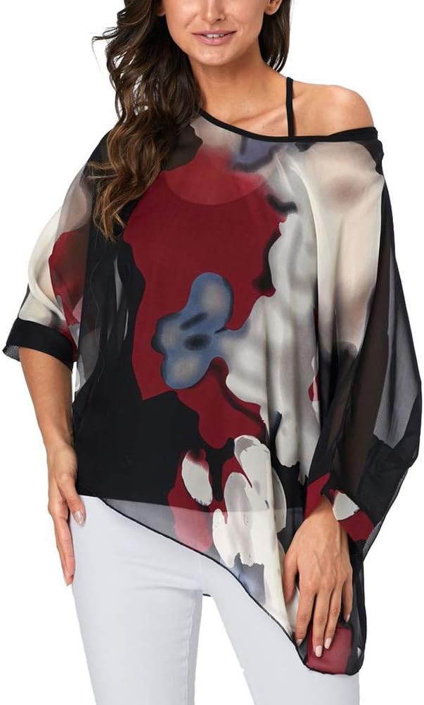 Ckikiou Plus Size Batwing Flowy Semi Sheer Chiffon Blouse Tunic for Women Summer Floral Print Boho Beach Cover ups - Image 5
