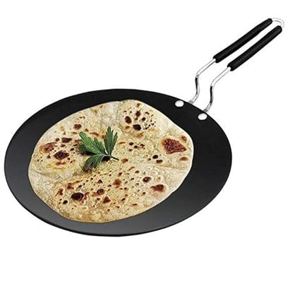 Landark Loha Tawa for Roti Flat Iron Tawa Wider Base Cast (Stainless Steel Handle), Induction Base Tawa 10 Inch for Roti Paratha Chapati Phulka Omelette Color Black (Roti Tawa) || SM155