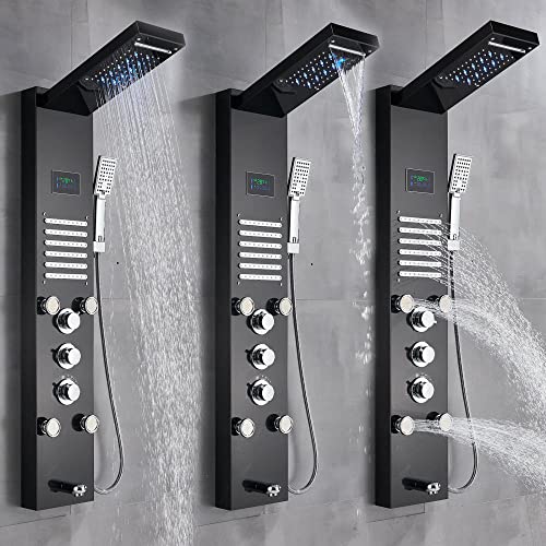 Columna de Ducha LED con Sistema Torre, Chorro Lluvia y Masaje, Acero Inoxidable Negro miniatura 6