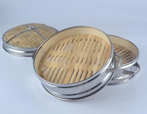 ANSNOW Stainless Steel Steamer 2 Tiers Bamboo Steamer Basket Chinese Natural Rice Cooking Cooker with Lid Bamboo Cooker for Sim Sum Dumplings, Vegetables, Rice, Meat, Fish/1 Layer + 1 Lid/8 Inches - Image 5