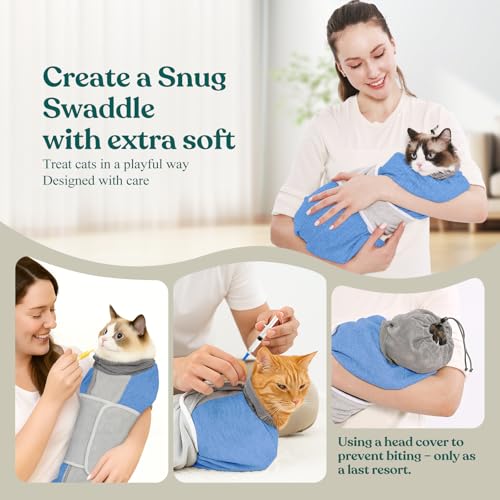 Image of Supet Cat Grooming Wrap for Cutting Nails, Self-Adhesive Calm Cat Swaddle | Bite-Proof Mesh Hood & Thick Waist Strap Anti-Escape Anti-Scratch Bag for Nail Trimming, Medication, Ear Cleaning (Blue S)