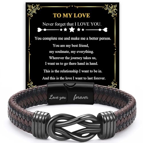 Jewl Aoer Gifts for Boyfriend Husband Anniversary Birthday Valentines Day Christmas Presents Leather Bracelet for Men Card & Gift Box Infinity Knot I Love You Gifts for Him(7.5 inch)