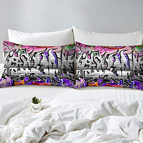 Boys Hippie Graffiti Style Bedding Set Teens Hip Hop Comforter Cover for Kids Youth Graffiti Pattern Duvet Cover Breathable Street Culture Theme Bedspread Cover Room Decor Quilt Cover Double Size - Image 3