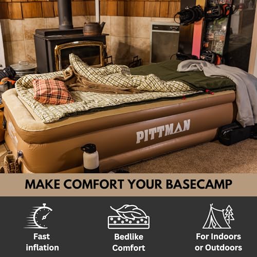 Image of Pittman - Tan Air Mattress Twin with Built in Pump - 18 inch Double High Twin Air Mattress with Built in Pump That Inflates & Deflates - Twin Blow Up Air Mattress is Ideal for Guests or Camping