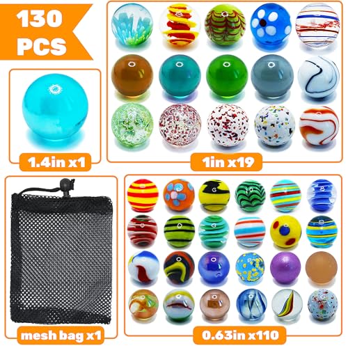 Image of 130 PCS Glass Marbles Bulk, Colorful Assorted for Kids, Games and Run Accessories for Boys and Girls, Beautiful Collections for Home Decoration
