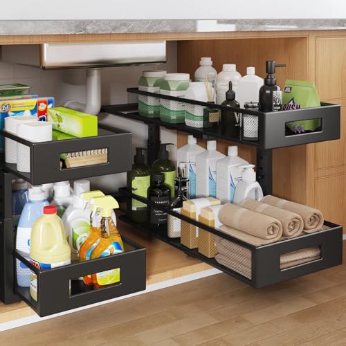 Image of 2 Packs 21IN Depth Under Sink Organizer, 2-Tier Pull Out Cabinet Organizer With Smooth Circular Rail, Large Capacity Metal Mesh Sliding Drawers For Bathroom& Kitchen Storage,Height Adjustable-Black