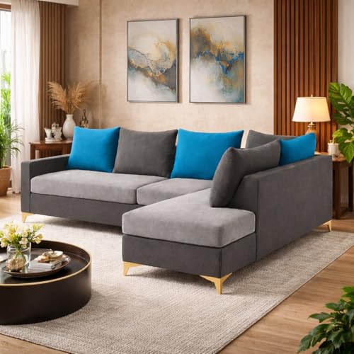 Image of FURNY Gloriss 6 Seater Fabric RHS L Shape Sofa Set with Multi-Color Aqua Blue Cushions (Light Grey-Dark Grey) Premium Velvet Finish with Golden Legs | Ideal for Living Room, Offices