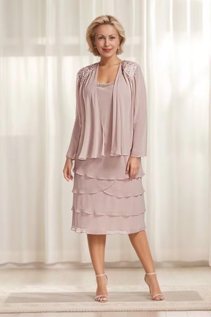 Mother of The Bride Dresses for Wedding Long Sleeve Lace Chiffon Formal Gown with Jacket JH008